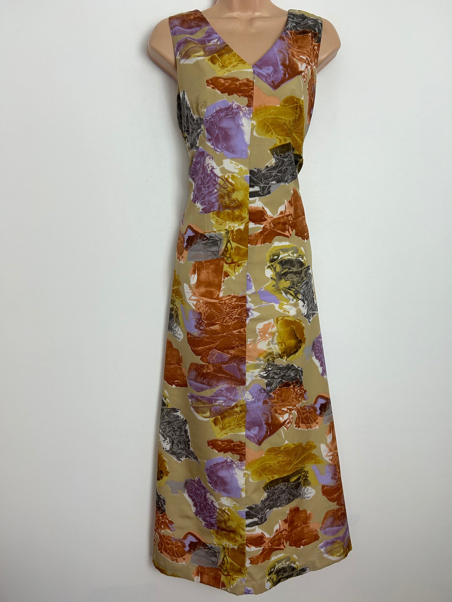 Vintage 1970s UK Size 10-12 Beige Lilac & Brown Tones Abstract Print Sleeveless Boho Maxi Dress