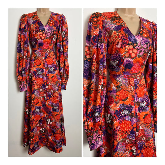 Vintage 1970s UK Size 8 Bold Orange Purple & Pink Tones Mixed Floral Print Long Sleeve Tie Back Maxi Dress