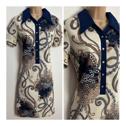 Vintage 1970s Size 12 Cream Navy Blue & Brown Floral Print Crimplene Mod Shift Dress