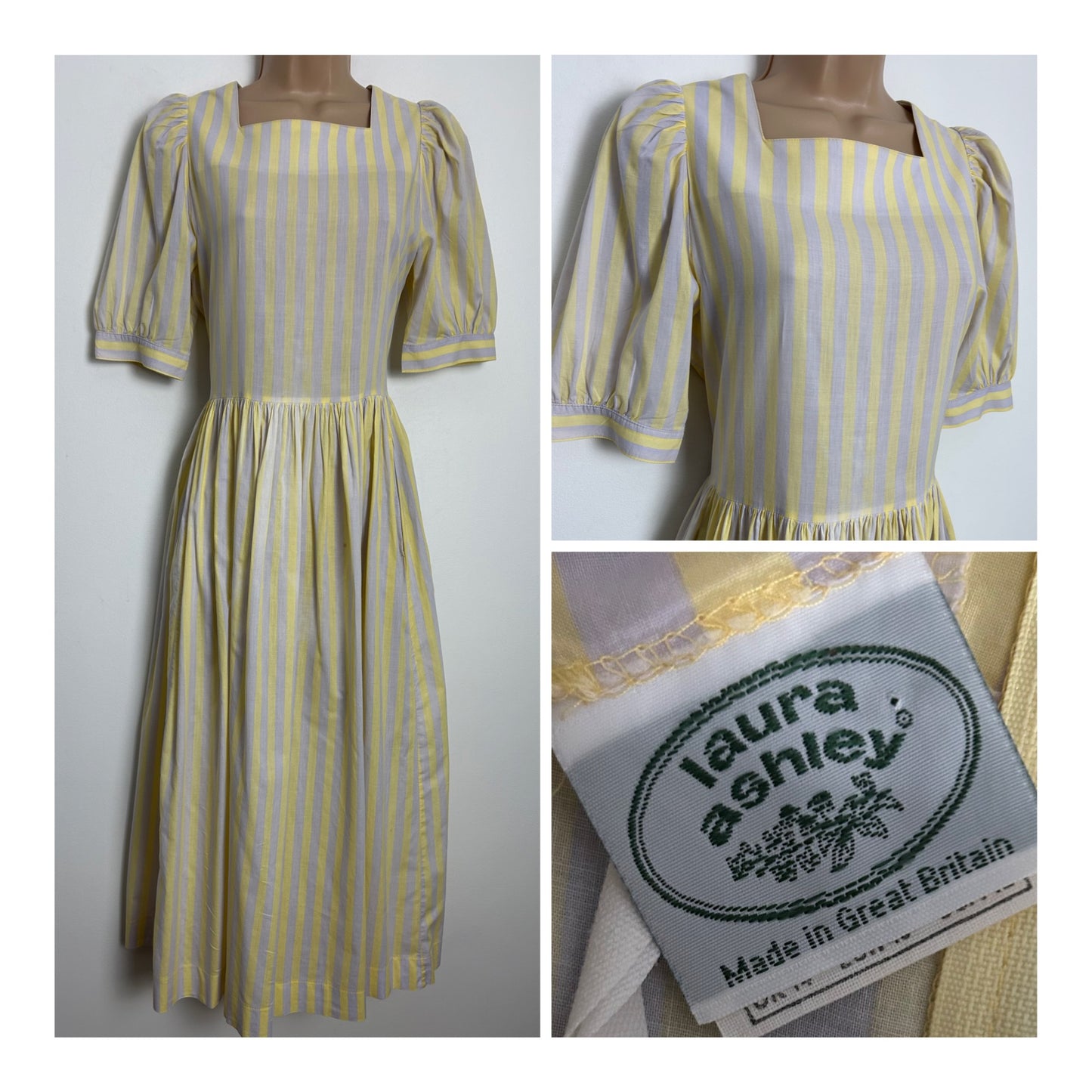 Vintage 1980s LAURA ASHLEY Size 10 (Size 14 On Label) Pale Grey & Lemon Stripe Print Cotton Day Dress
