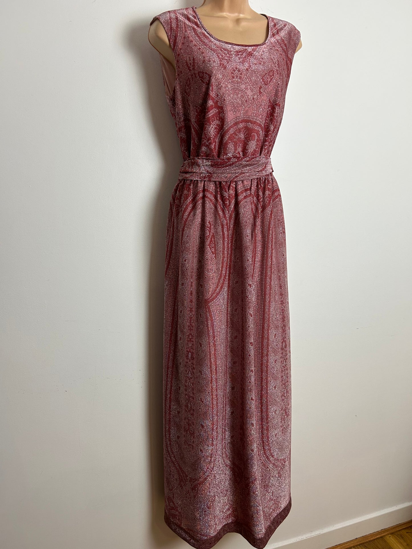 Vintage 1970s VERENA Size 10-12 Beautiful Dark Pink Tones Lurex Belted Evening Maxi Dress
