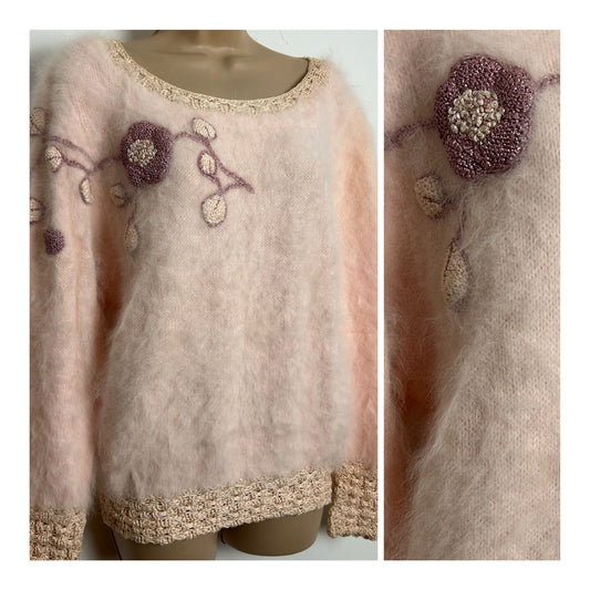 Vintage 1980s Up To Size 14 Pale Pink Super Soft Angora 3D Flower Applique Jumper