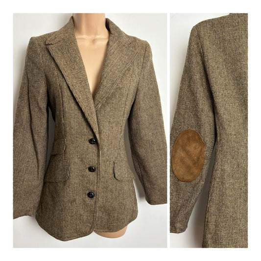 Vintage 1970s BRONSON OF CALIFORNIA Size 6-8 Brown Tweed Wool Blazer With Elbow Patches