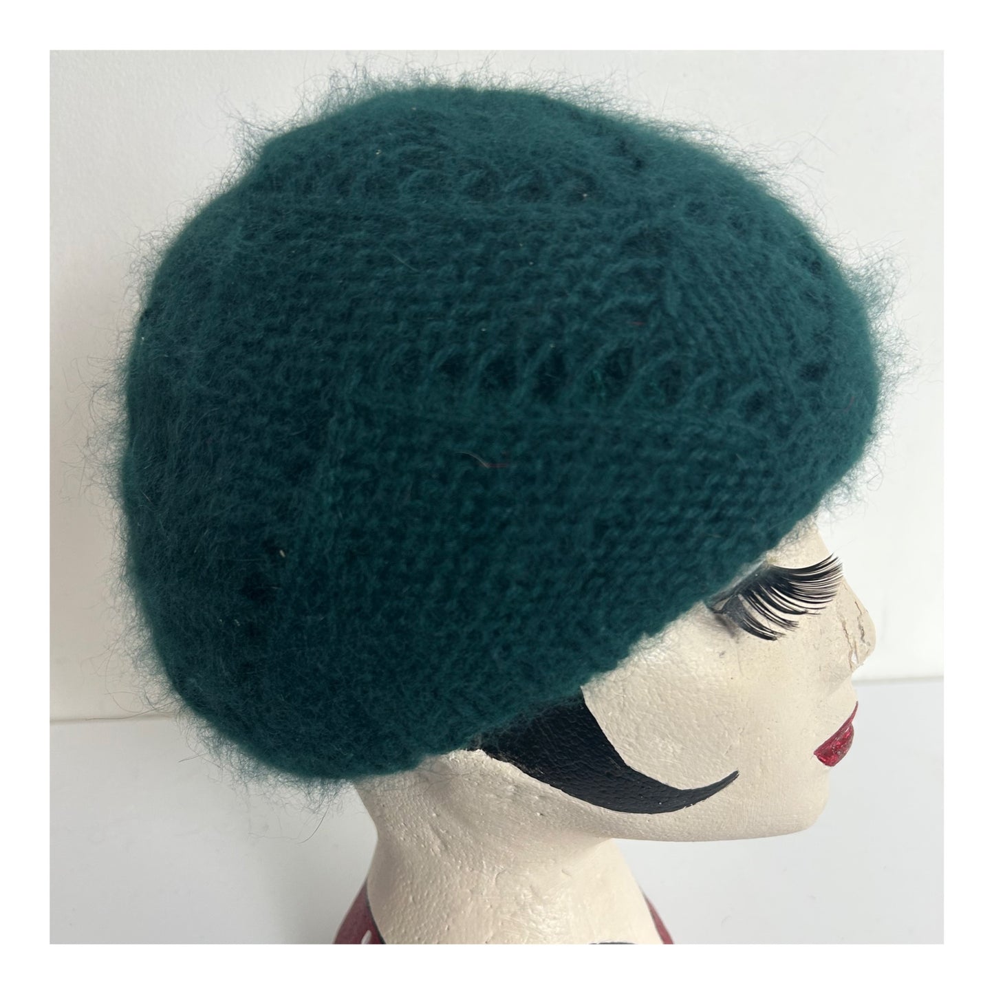 Vintage Forest Green Chunky Knit Angora & Wool Mix Beanie Style Hat