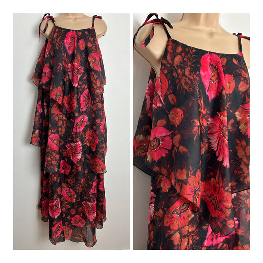 Vintage 1970s PRETTY GIRL Size 10 Black Pink & Red Tones Floral Print Strappy Triple Layered Trapeze Maxi Dress