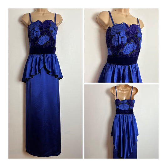 Vintage 1980s COCKTAIL HOFFMAN UK Size 10 Beautiful Blue & Purple Iridescent Floral Velvet & Pure Silk Applique Peplum Occasion Dress