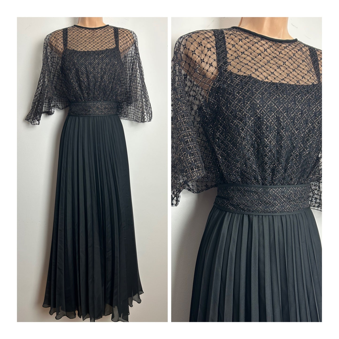 Vintage 1970s Size 10 Black & Metallic Gold Lace Flutter Sleeve Pleated Xmas Party Evening Maxi Dress