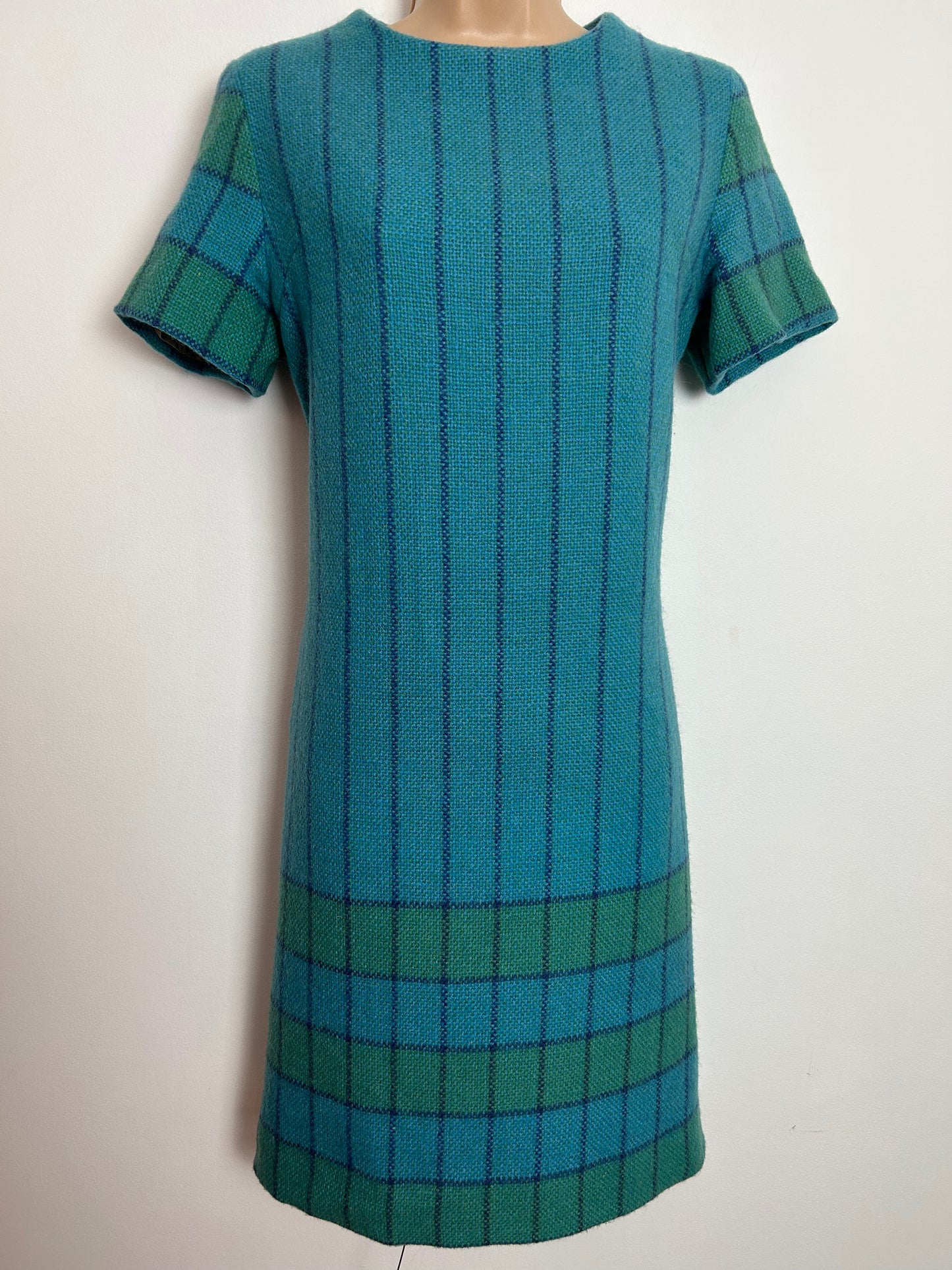 Vintage 1960s UK Size 10 Swedish JOHNSONS HEMSLOJD Blue & Green Stripe Check Pure New Wool Shift Dress