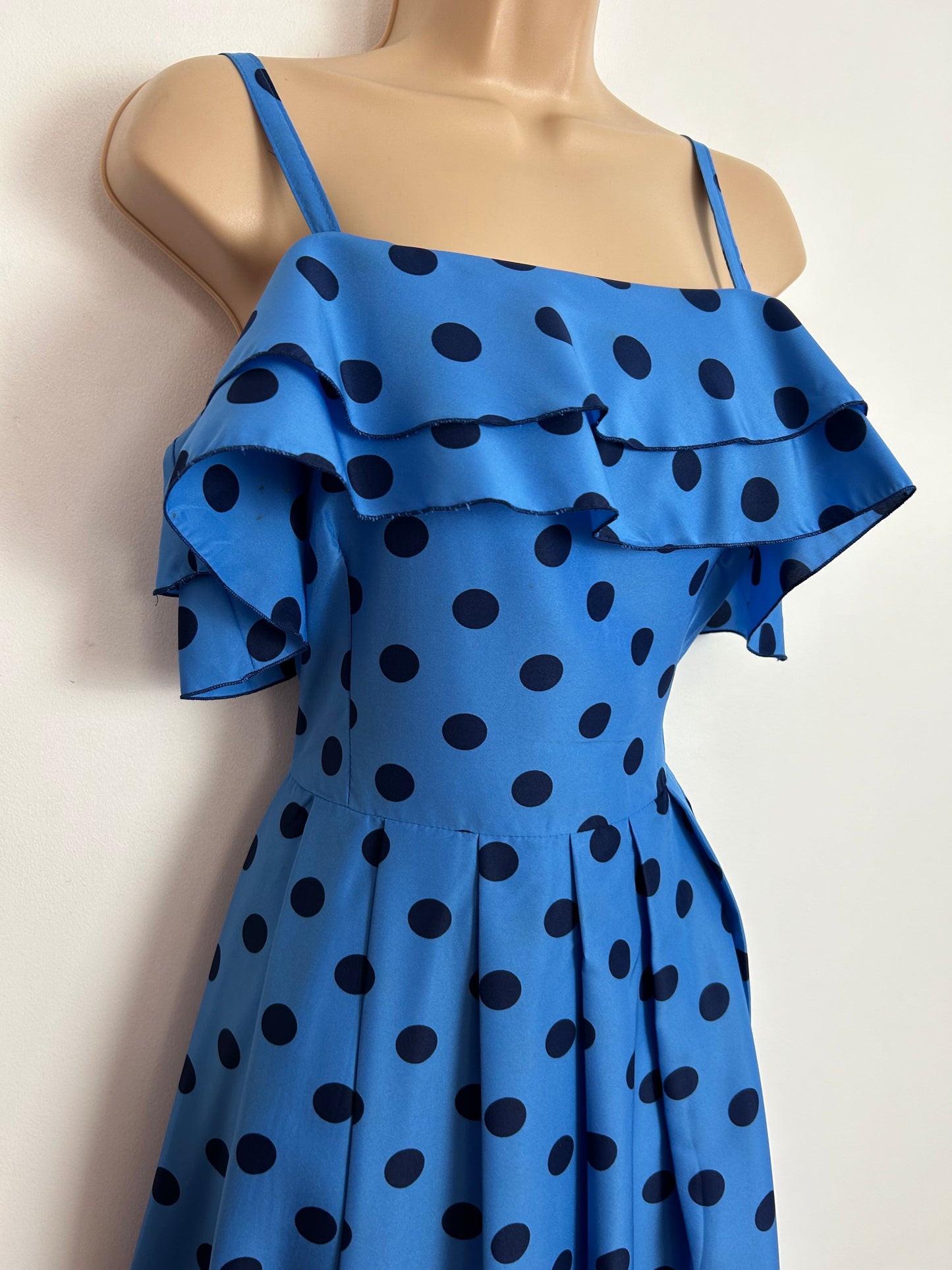 Vintage Late 1970s UK Size 10 Blue & Navy Polka Dot Strappy Ruffle Trim Pleated Maxi Dress