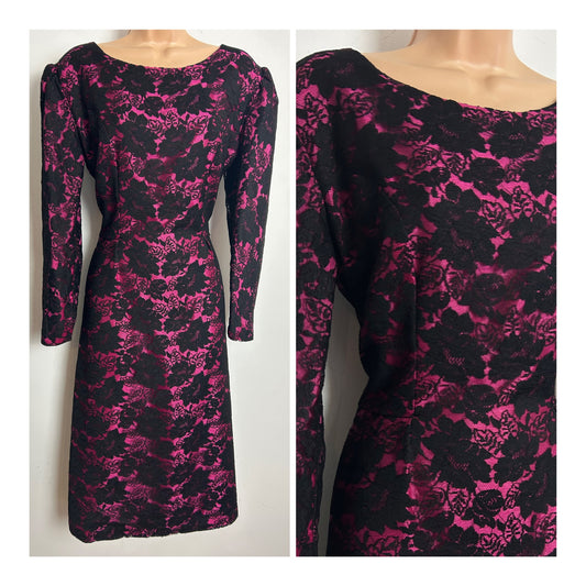 Vintage 1980s CARVEN PARIS Size 12 Black & Hot Pink Lace Short Sleeve Fitted Evening Party Dress