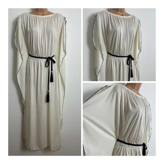 Vintage 1970s One Size Up To Size 16 Cream Short Angel Sleeve Belted Kaftan Style Occasion Maxi Dress