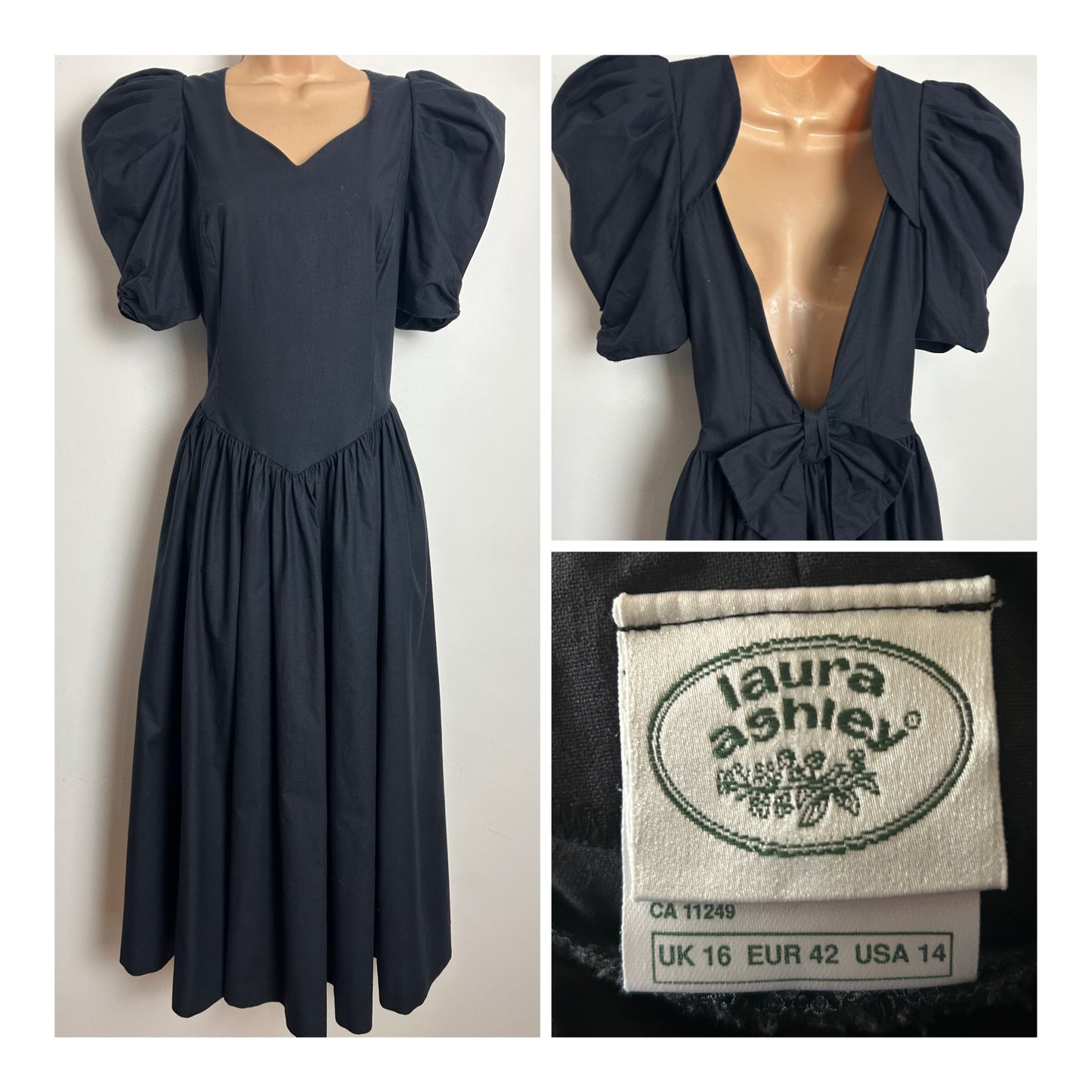 Vintage 1980s LAURA ASHLEY Size 12 (16 On Label) Black open Bow Back Puff Sleeve Midi Dress