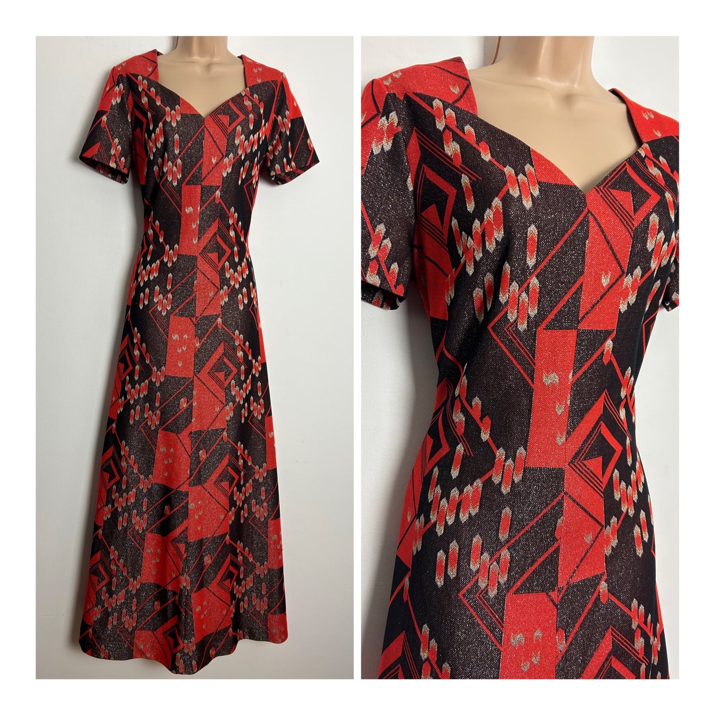 Vintage 1970s UK Size 12 Red Dark Brown Silver & Gold Abstract Geo Print Lurex Occasion Evening Maxi Dress