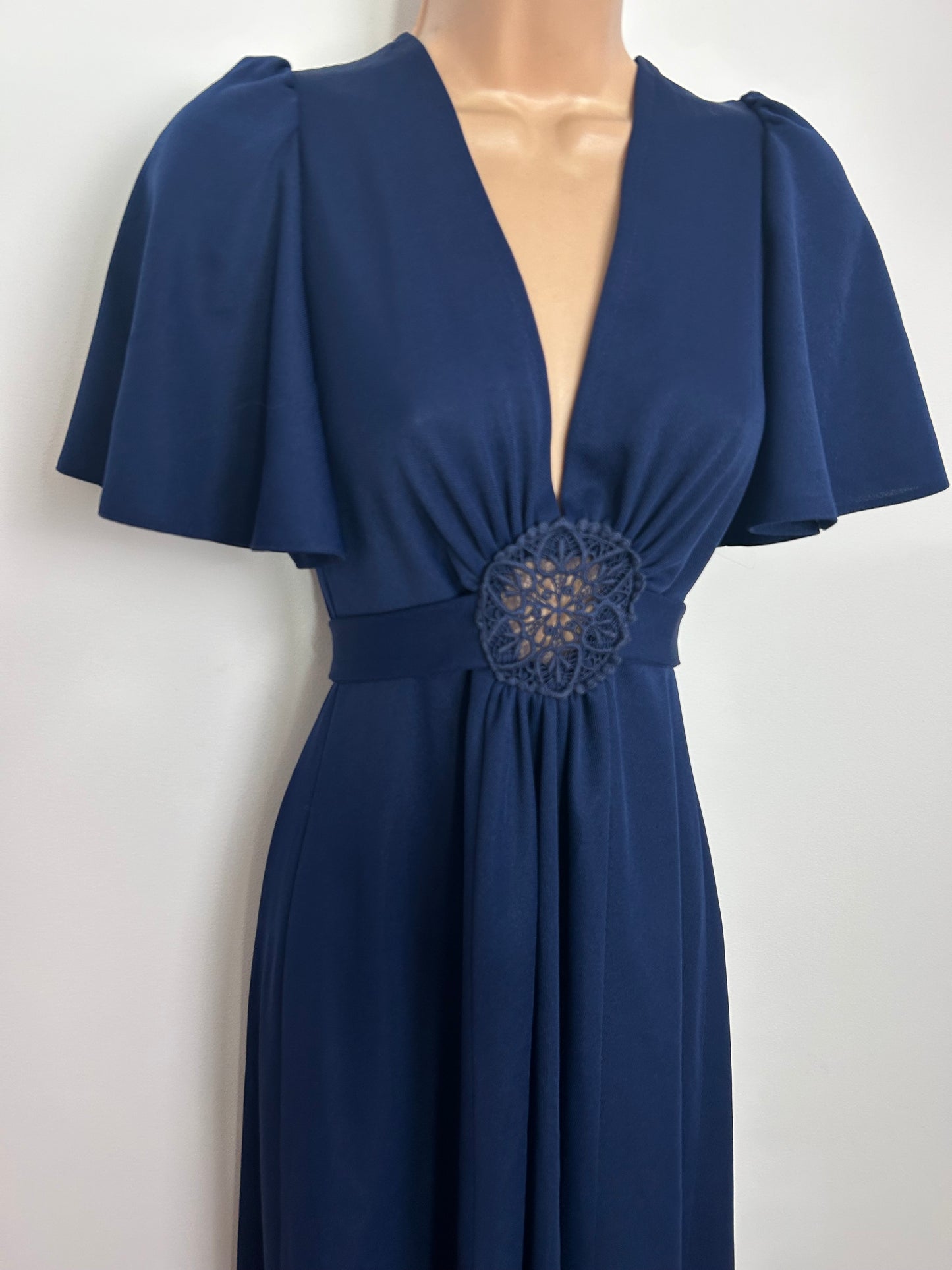Vintage 1970s Size 8 Navy Blue Open Back Tie Back Flutter Sleeve Boho Maxi Dress