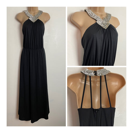 Vintage 1970s UK Size 10 Black Silver Sequin Halterneck Cage Back Evening Maxi Dress