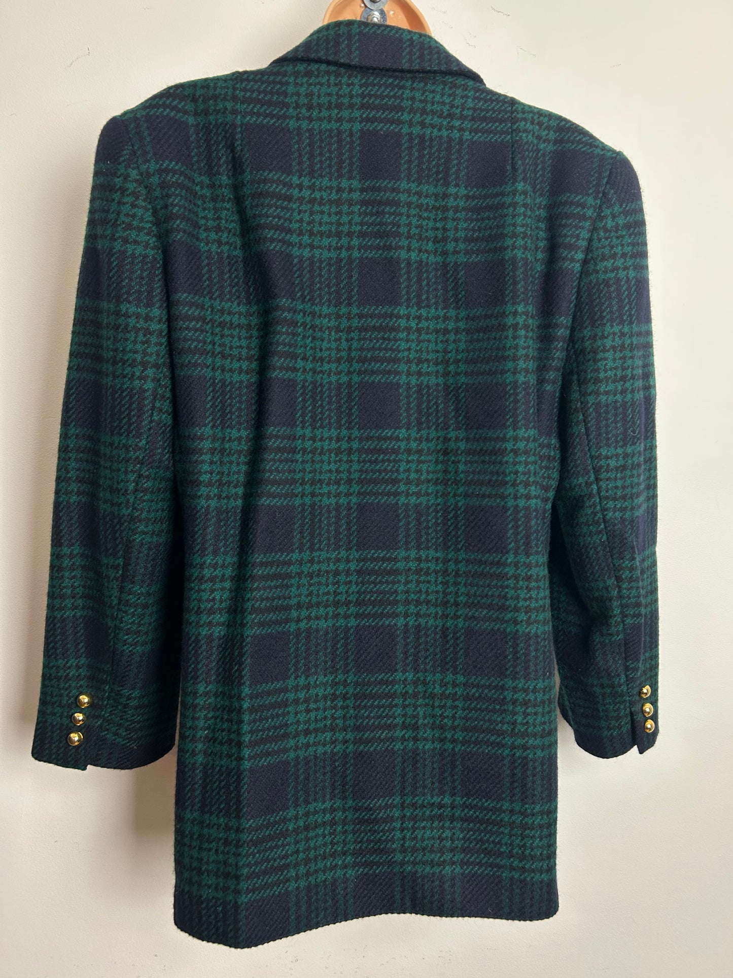 Vintage 1980s AKRIS CLUB Size 14 Green & Black Dogtooth Check 100% Wool Double Breasted Blazer