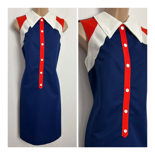 Vintage 1960s Size 12 Navy Blue White & Red Sleeveless Mod Scooter Shift Dress