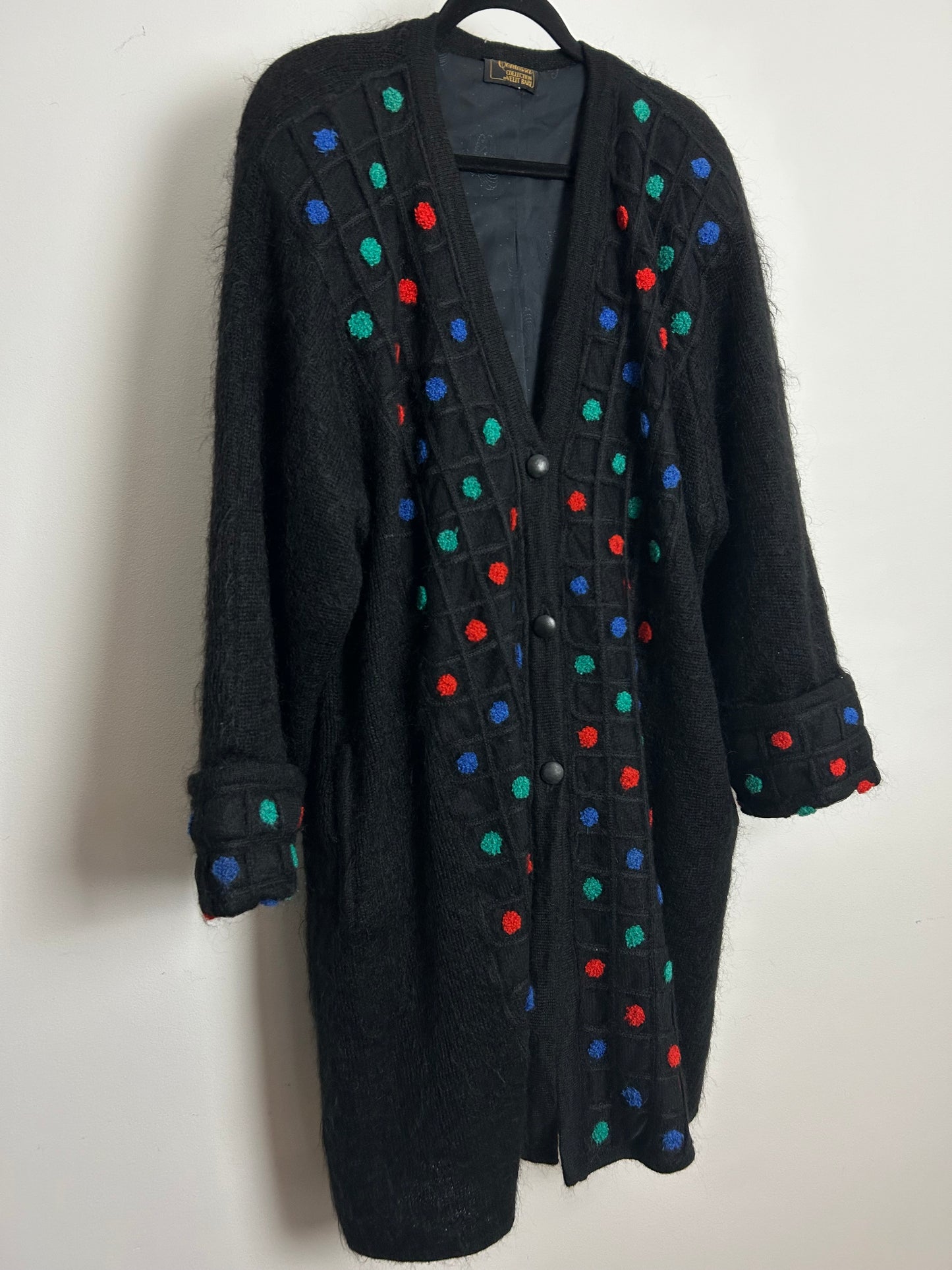 Vintage 1980s VELIT BARI Up To Size 18 Oversized Mid Length Black Spot Pattern Kid Mohair Coatigan Cardigan