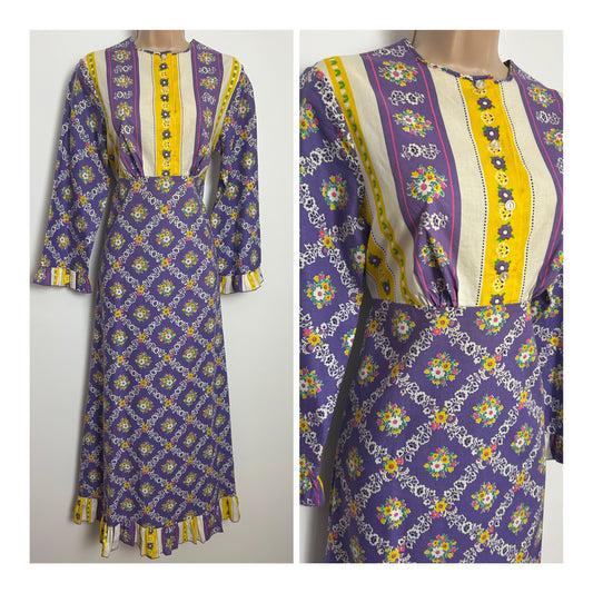 Vintage 1970s Size 10-12 Purple Yellow & White Floral Print Cotton Prairie Boho Nightie Or Dress