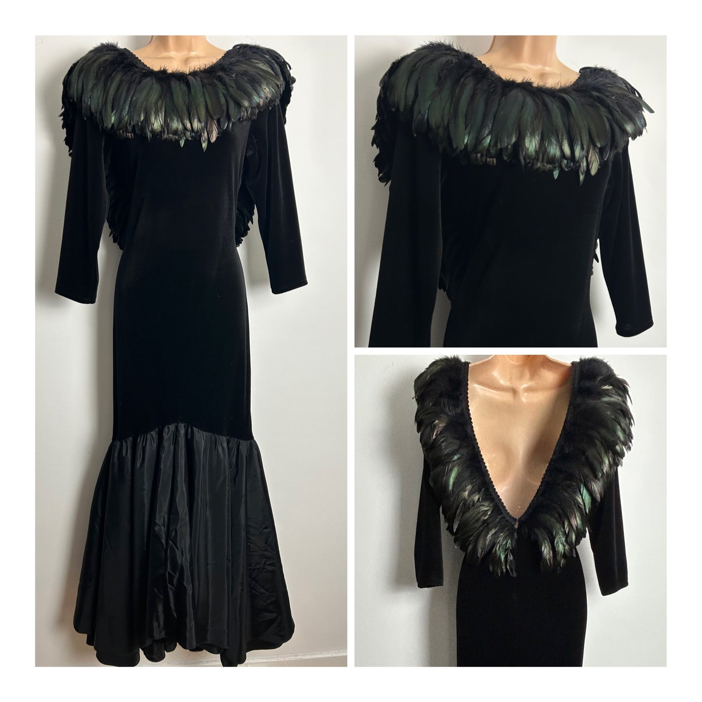 Vintage 1980s AMAZING Ann Green Size 12 (L) Black & Green Iridescent Feather Fitted Wiggle Cocktail Evening Ballgown