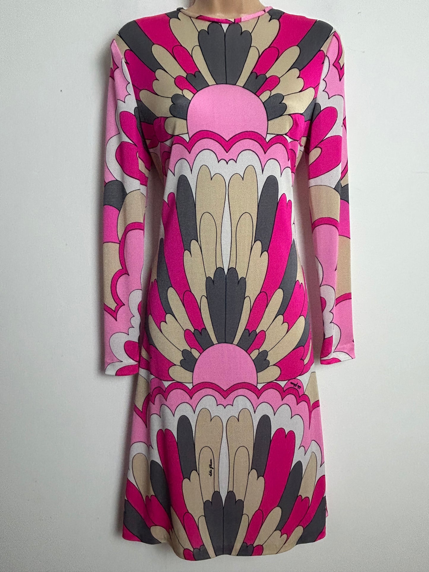 Vintage 1960s 70s Collectable Rare COLIN GLASCOE Size 12-14 Pink Grey Beige & White Psychedelic Print Ban-Lon Jersey Shift Dress