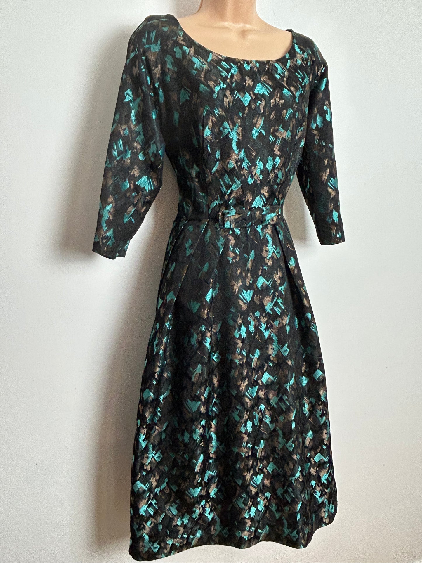 Vintage Late 1950s KITTY COPELAND Size 12-14 Black Blue & Bronze Jacquard Bow Detail Party Occasion Dress