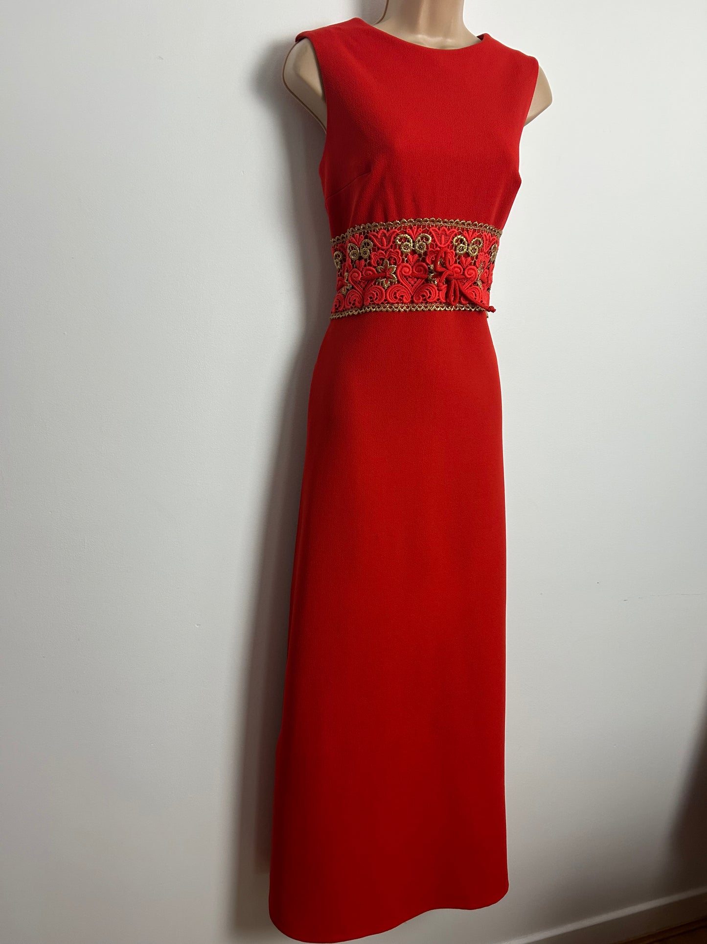Vintage 1960s EMILIANA Size 10 Red & Gold Crimplene Lace Waist Panel Occasion Evening Maxi Dress