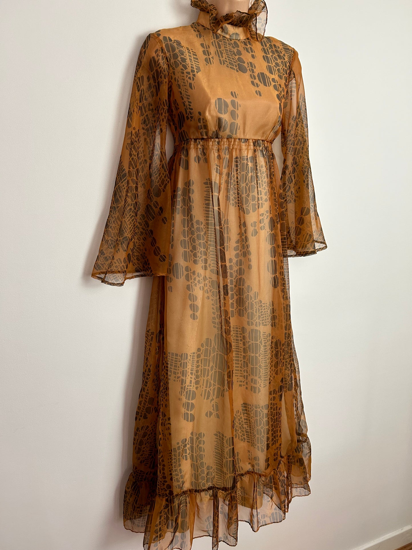 Vintage Early 1970s UK Size 6 Bronze & Black Abstract Circle Print Long Flared Sleeve Boho Prairie Occasion Maxi Dress