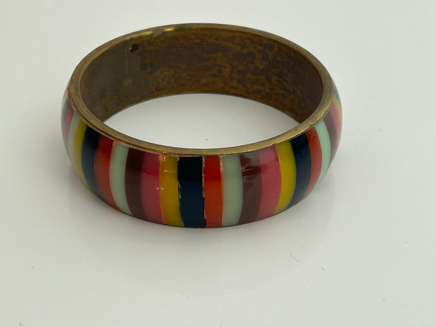 Vintage 1980s Gorgeous Brass Bangle With Multicolour Stripe Pattern