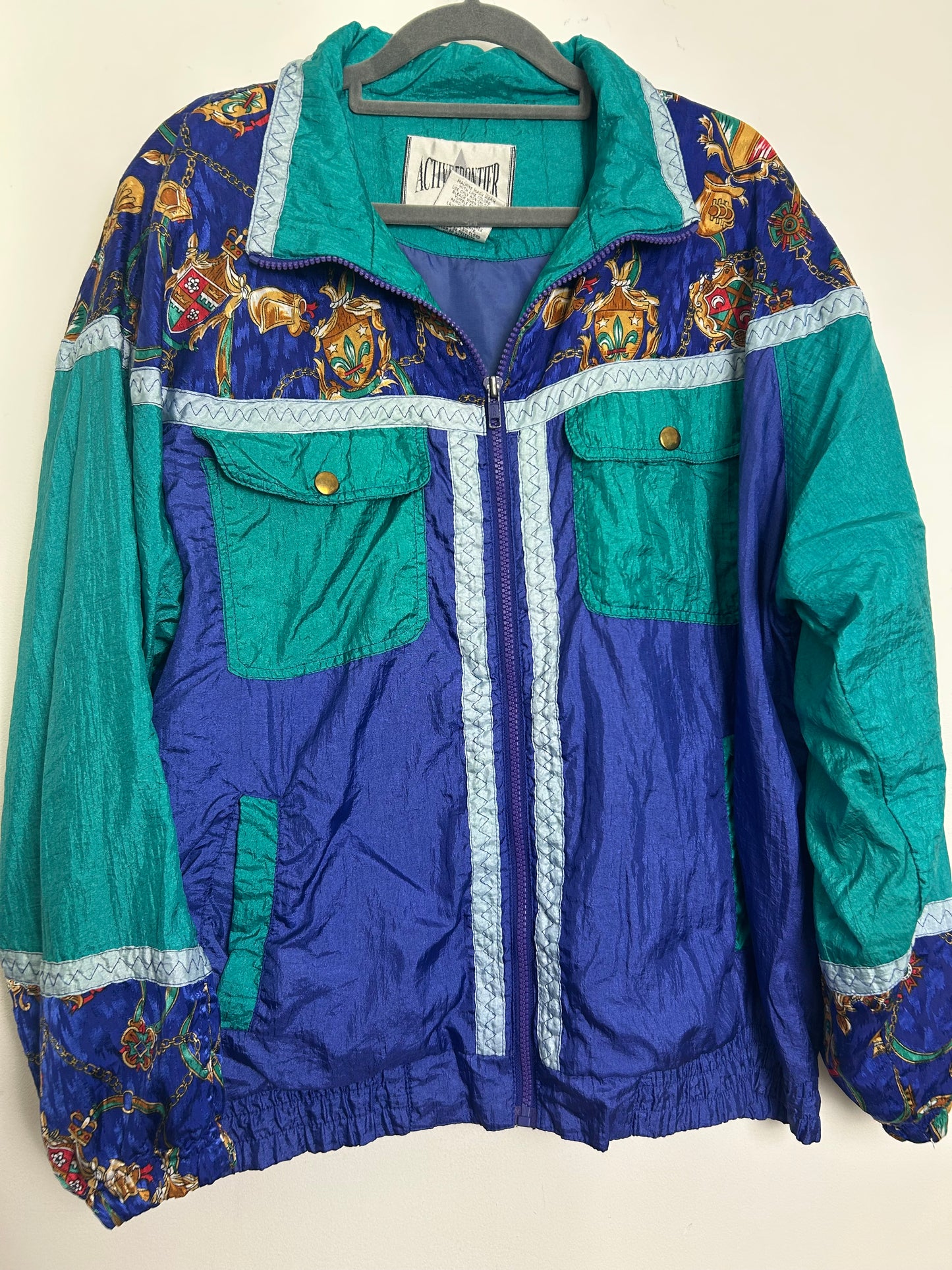 Vintage 1980s ACTIVE FRONTIER Size L (Up To Size 16) Blue & Green Baroque Novelty Print Shell Suit Jacket