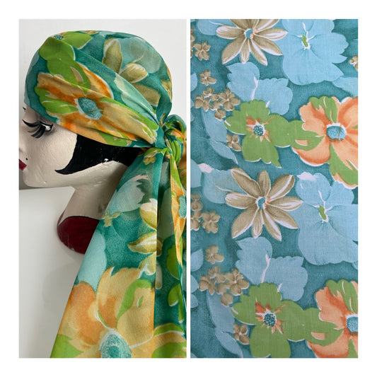 Modern Teal Blue Orange & Green Floral Print Chiffon Large Scarf 105cm x 105cm