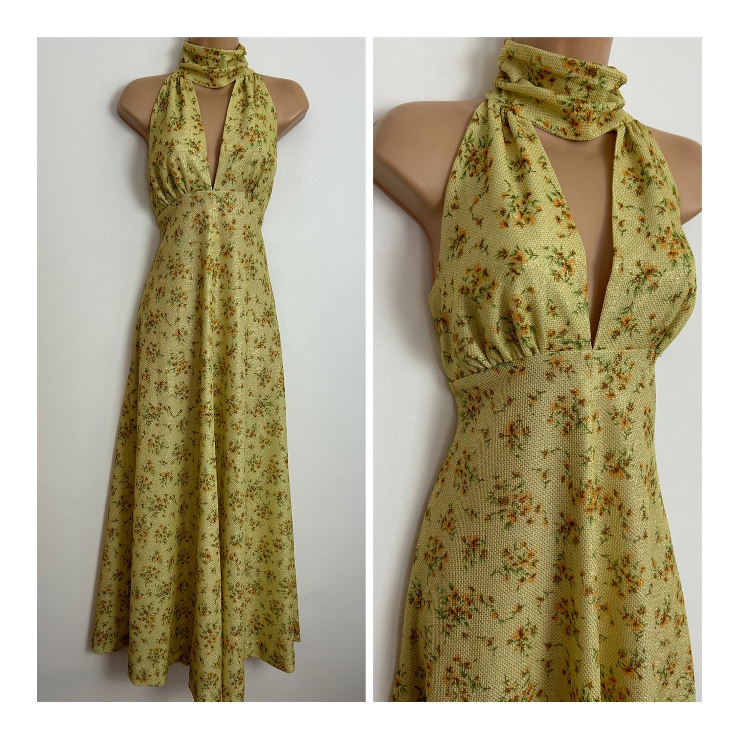 Vintage 1970s UK Size 6 Yellowy Green Gold & Orange Floral Lurex High Neck Key Hole Sleeveless Summer Boho Occasion Maxi Dress