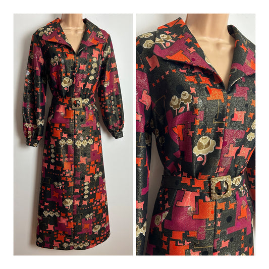 Vintage 1970s Size 14 Black Orange Dark Red & Gold Abstract Floral & Dogtooth Check Belted Lurex Evening Dress