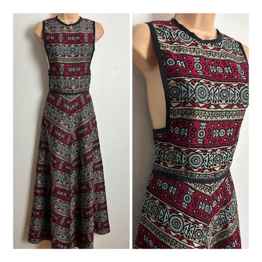 Vintage 1970s MARCEL FENEZ By ROLAND KLEIN Size 8 Dark Red Beige & Black Abstract Print Pinafore Style Maxi Dress