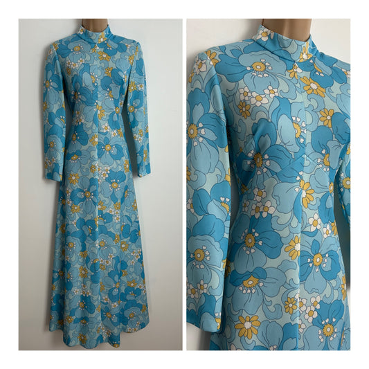 Vintage 1970s UK Size 8 Cute Blue Yellow & White Floral Print Long Sleeve Maxi Dress