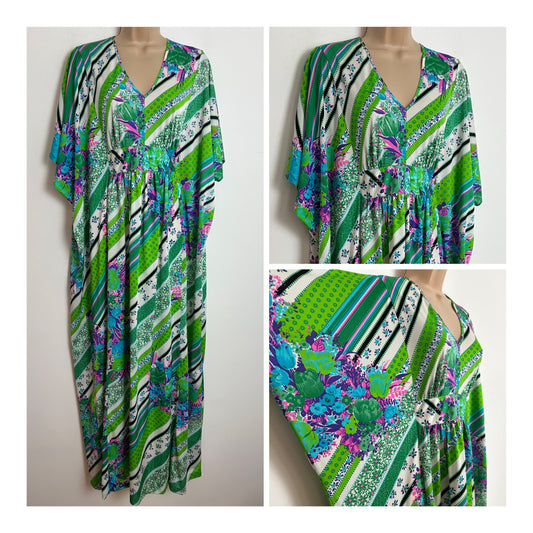 Vintage 1970s ST MICHAEL One Size Up To Size 14/16 Green Blue & Pink Floral & Stripe Print Wide Sleeve Kaftan Maxi Dress