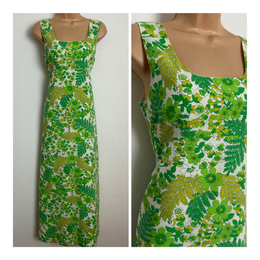 Vintage 1970s Size 8 White & Green Tones Floral Print Cotton Mix Summer Maxi Dress