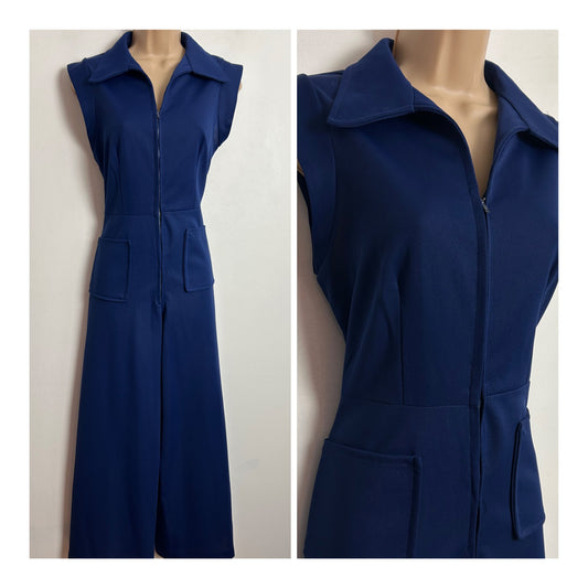 Vintage 1970s UK Size 8 Navy Blue Sleeveless Pocket Detail Wide Leg Zip Front Jumpsuit
