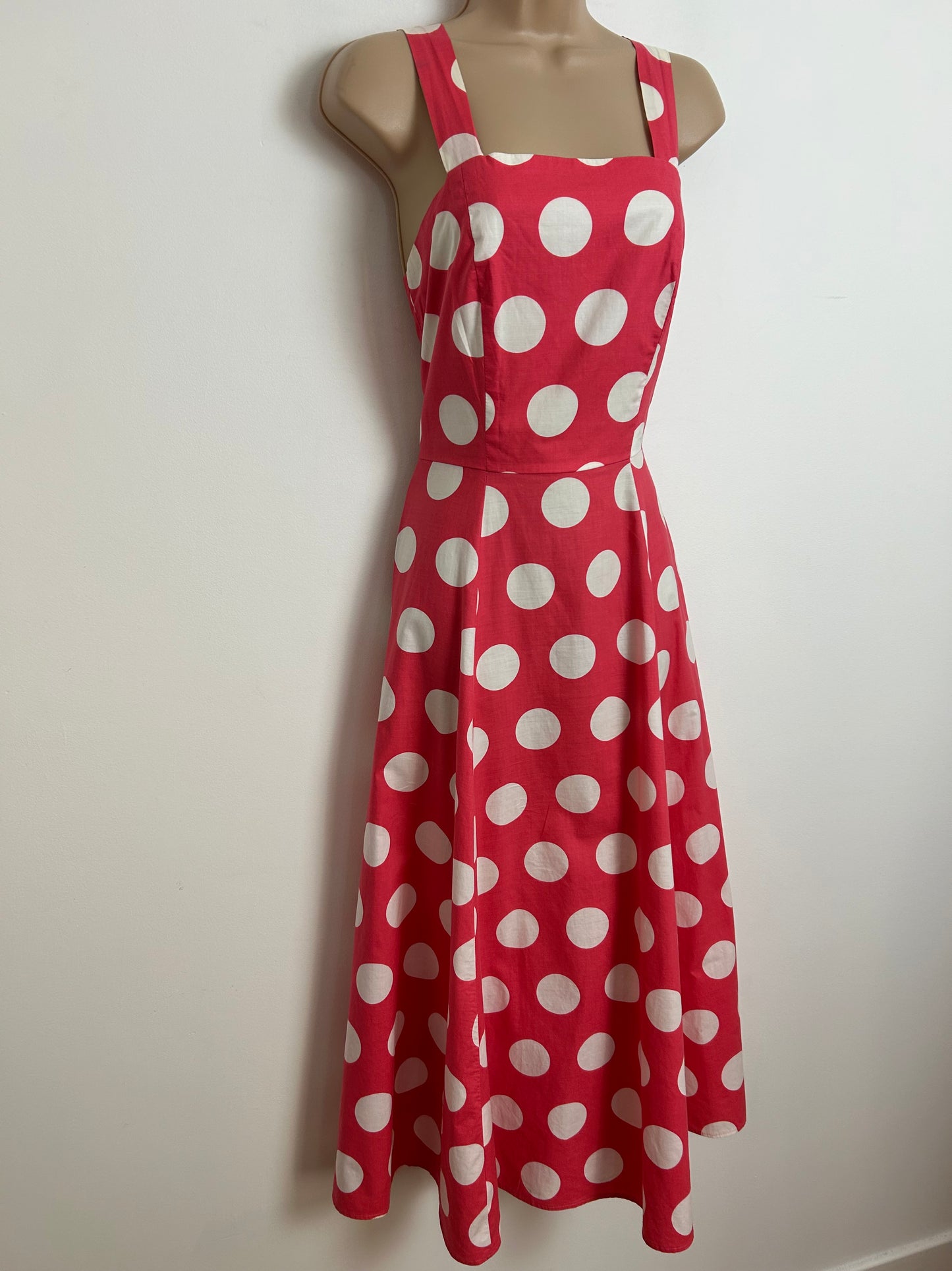 Vintage 1980s LAURA ASHLEY UK Size 10 (Size 14 On Label) Pinky Red & White Spot Polka Dot Print Summer Dress