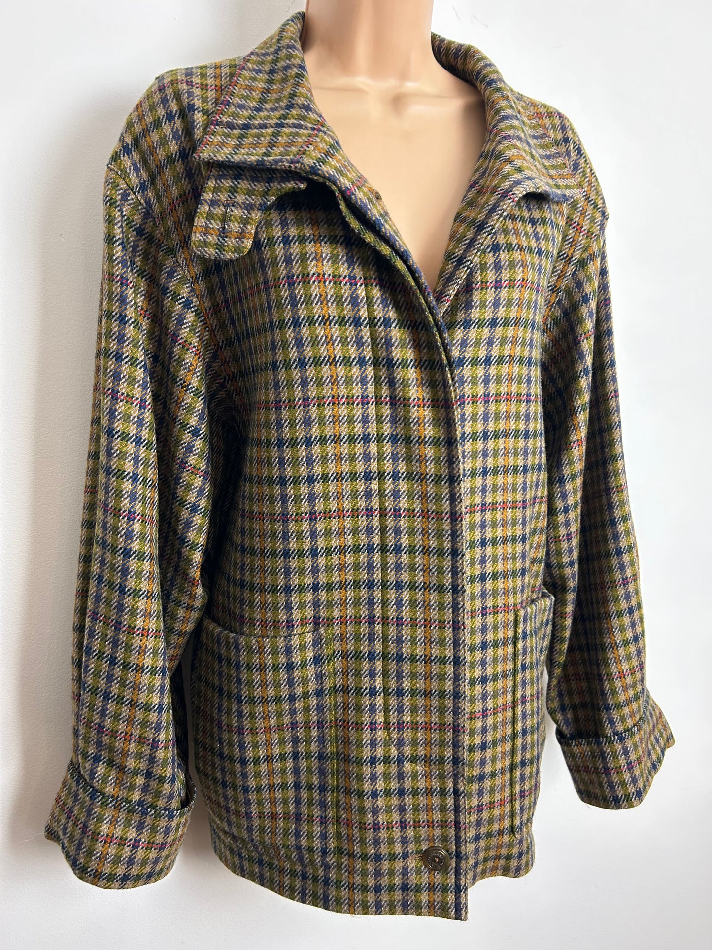 Vintage 1980s Size 14-16 Brown Dogtooth Check Wool Mix Fully Lined Jacket