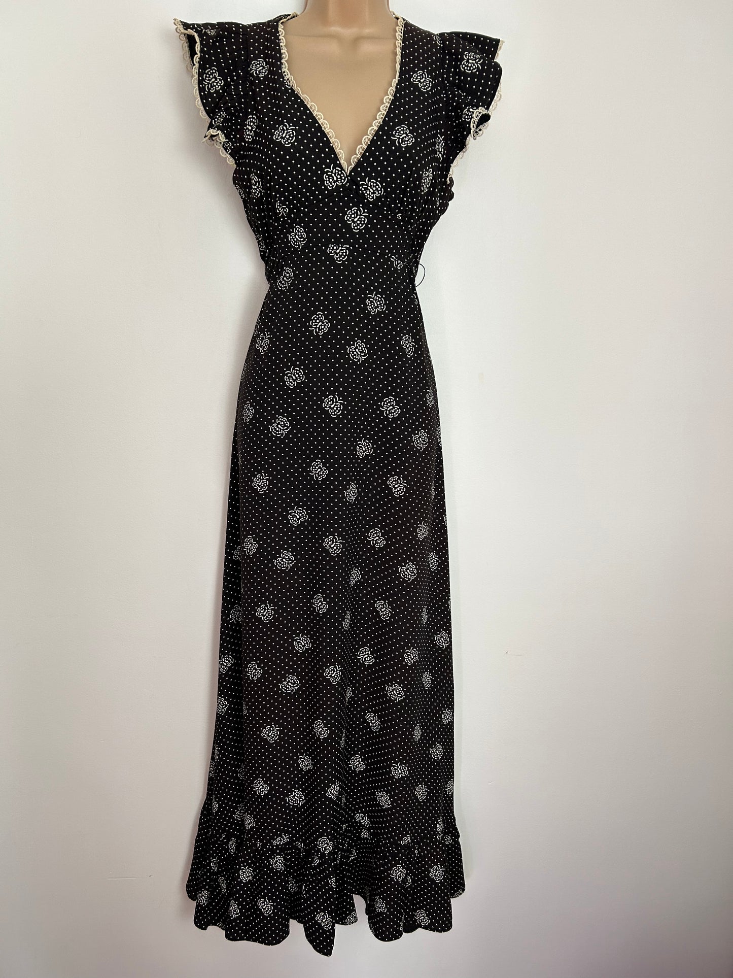 Vintage 1970s UK Size 8 JOSEPH RIBKOFF Darkest Brown & White Butterfly & Polka Dot Print Boho Prairie Maxi Dress