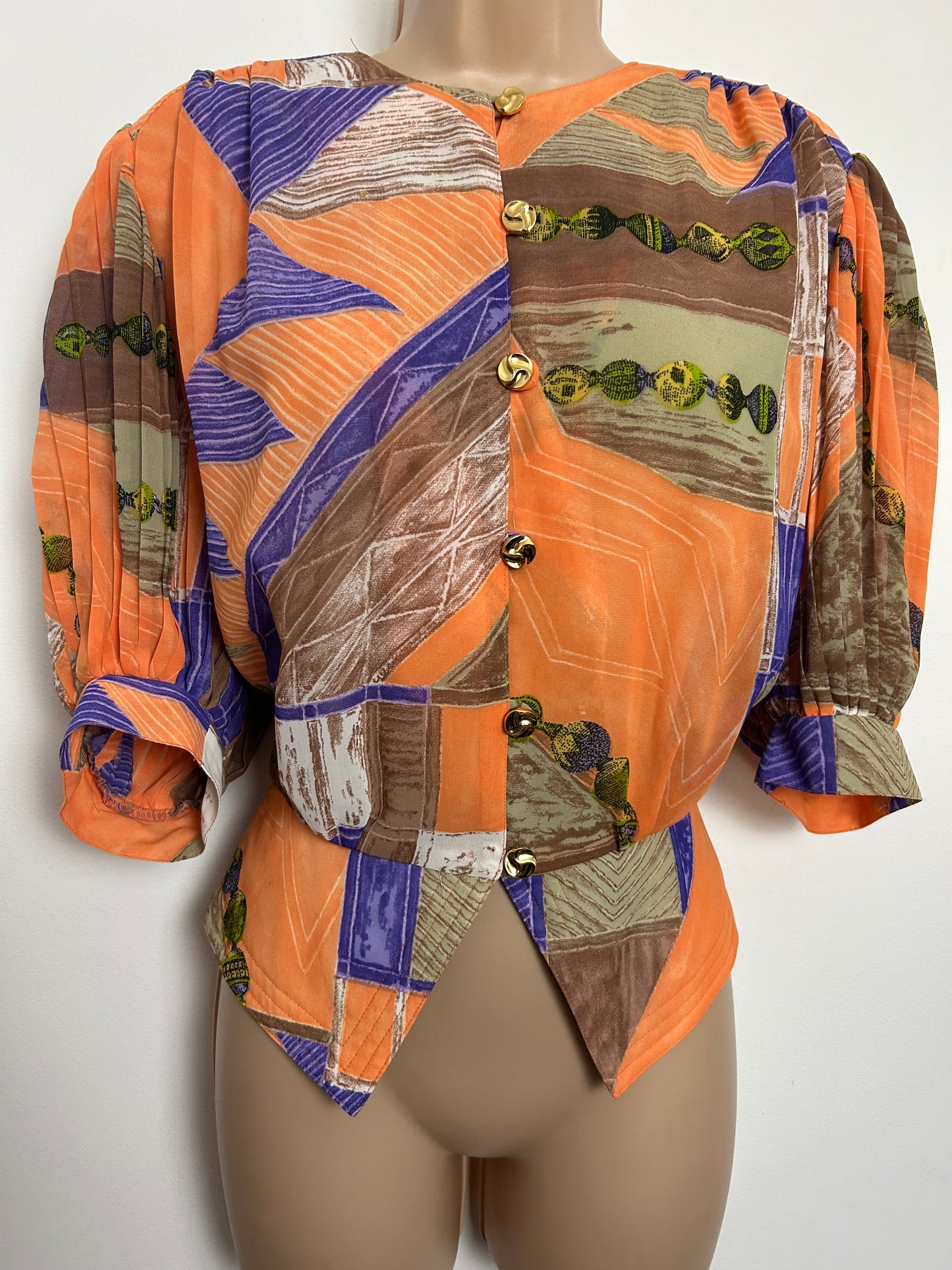 Vintage 1980s HARDOB Size 12-14 Orange Purple & Green Abstract Print Pleated Sleeve Oversized Blouse