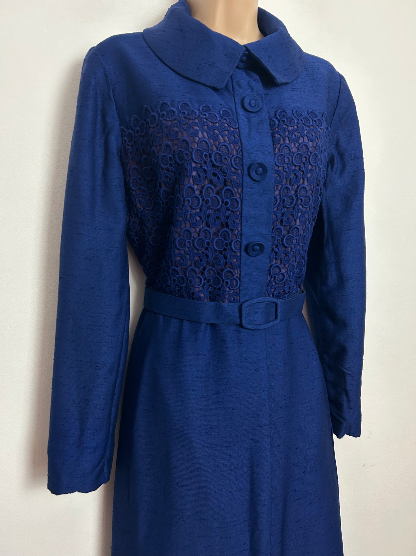 Vintage Late 1940s ELKA COUTURE UK Size 12-14 Royal Blue Guipure Lace Bodice Belted Long Sleeve Coat Style Dress