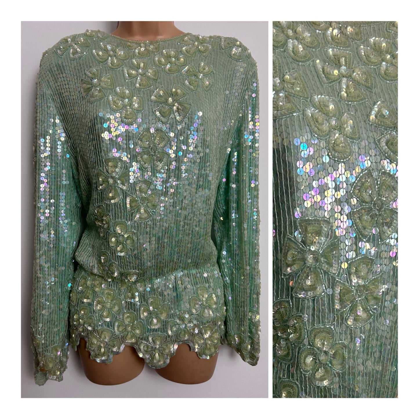 Vintage 1980s Size 12 Palest Green Iridescent Sequin Covered Long Sleeve Scallop Waist Evevning Top