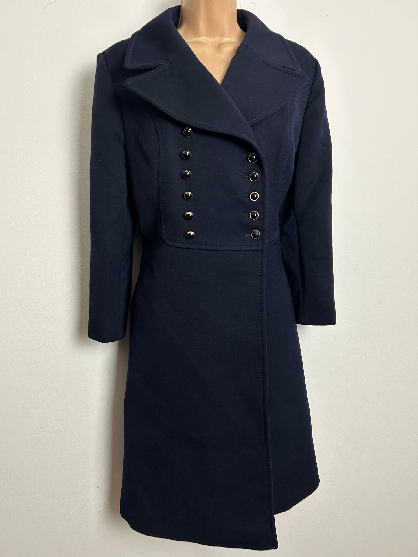 Vintage 1970s KEMPER Size 12 Navy Blue Pure New Wool Double Breasted Military Style Pea Coat