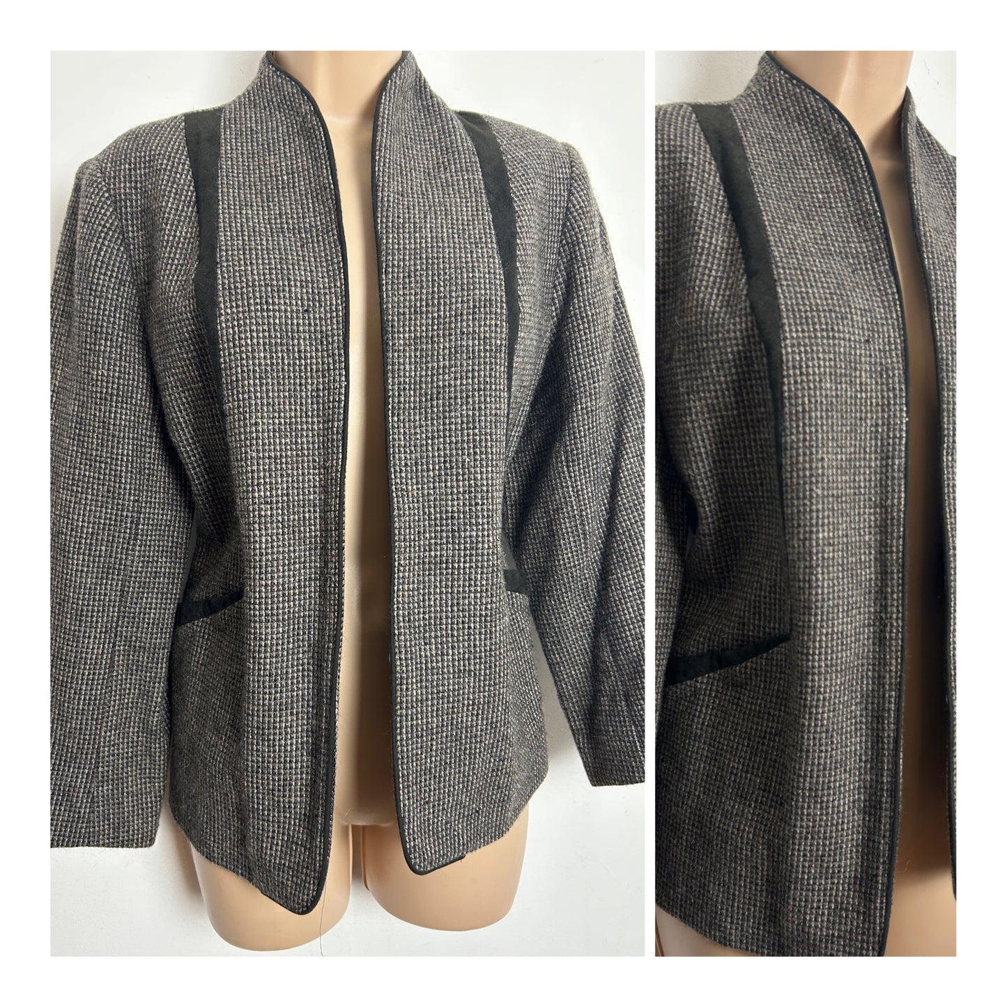 Vintage 1990s Italian Size 12 Dark Brown Tweed Wool Open Fronted Collarless Jacket Blazer