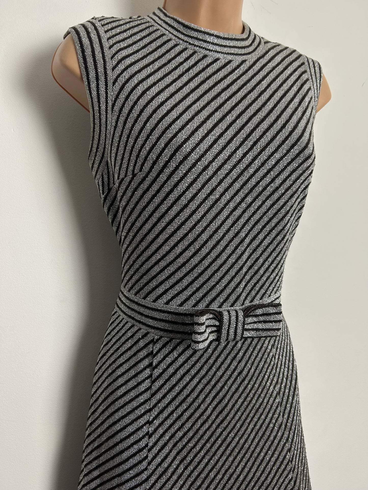 Vintage 1960s Size 12 Silver & Brown Lurex Stripe Bow Detail Mod Party Dress