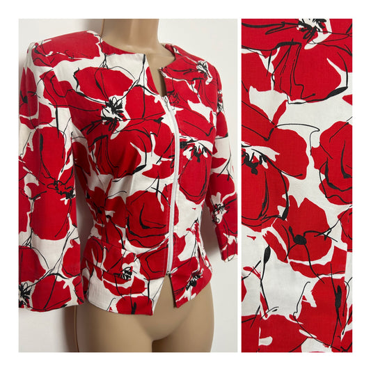 Vintage Early 1990s CARLO COLUCCI Size 8 Red White & Black Floral Print Cotton Zip Front Lightweight Jacket