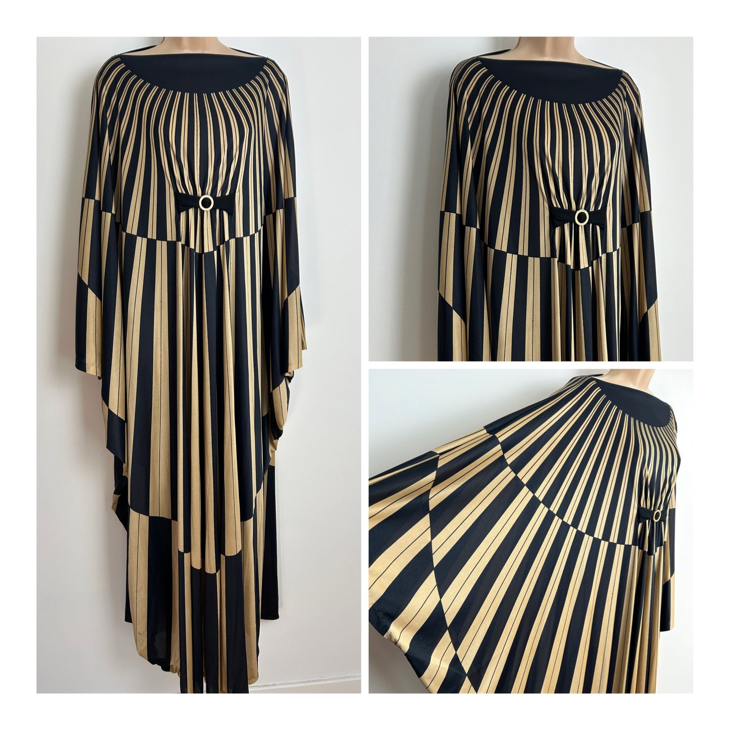 Vintage 1970s AMAZING One Size Black & Gold Stripe Print Very Wide Sleeve Occasion Evening Kaftan Maxi Dress