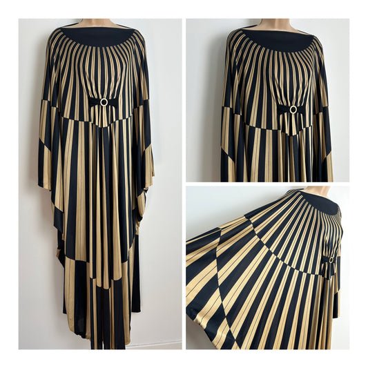 Vintage 1970s AMAZING One Size Black & Gold Stripe Print Very Wide Sleeve Occasion Evening Kaftan Maxi Dress